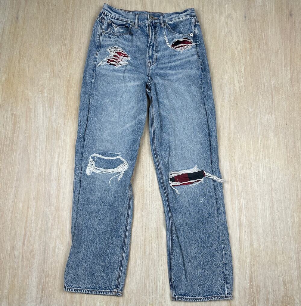 American Eagle Highest Rise 90s Boyfriend Distressed Red Plaid Patches Jeans 6